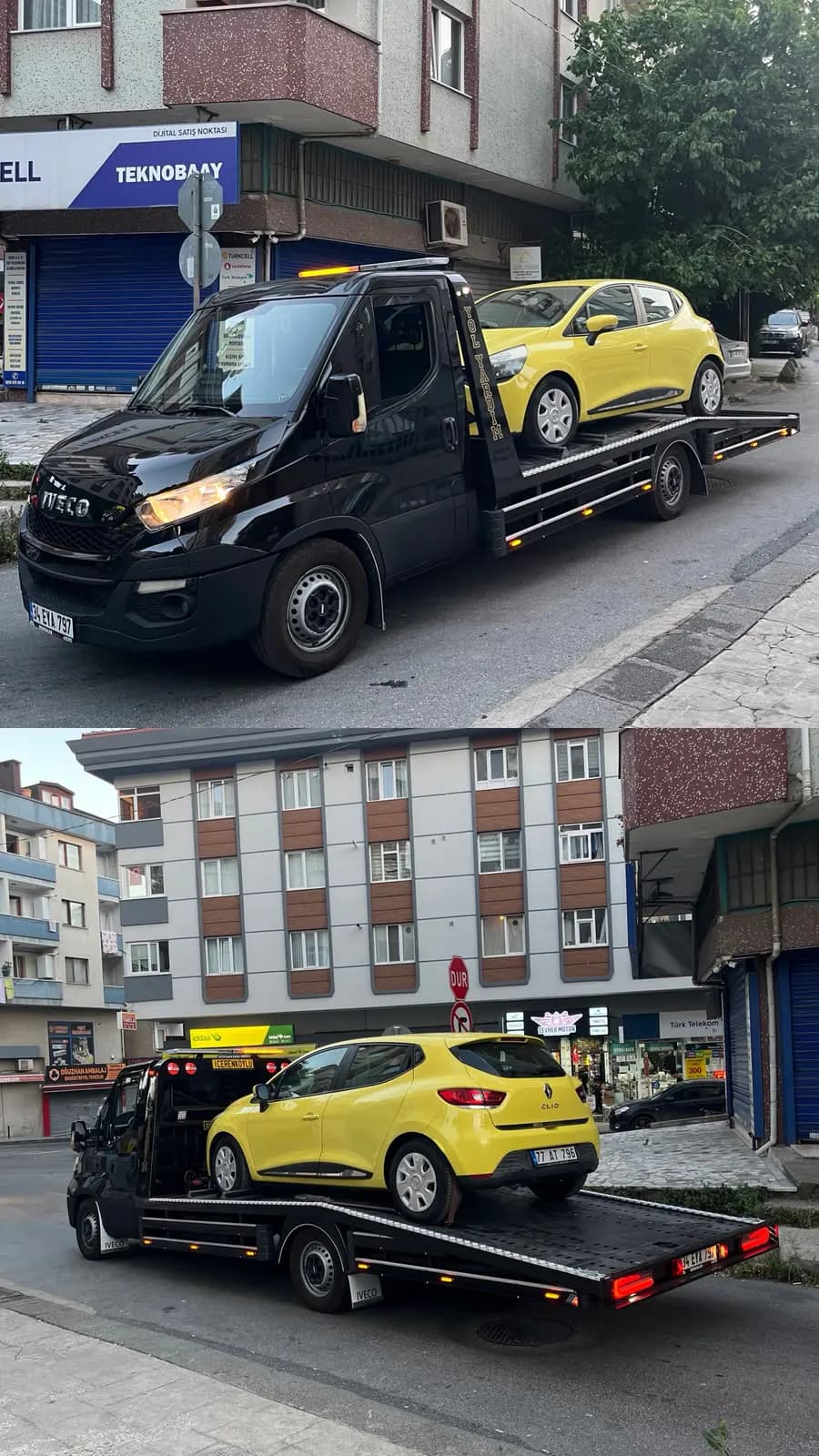 Düz platformlu çekicide taşınan binek araç; yerleşim alanında saha görünümü.