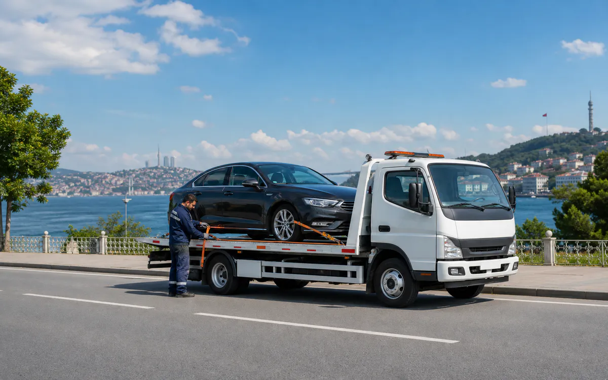 Gündüz yolunda aracı çekiciye güvenle sabitleyen yol yardım görevlisi